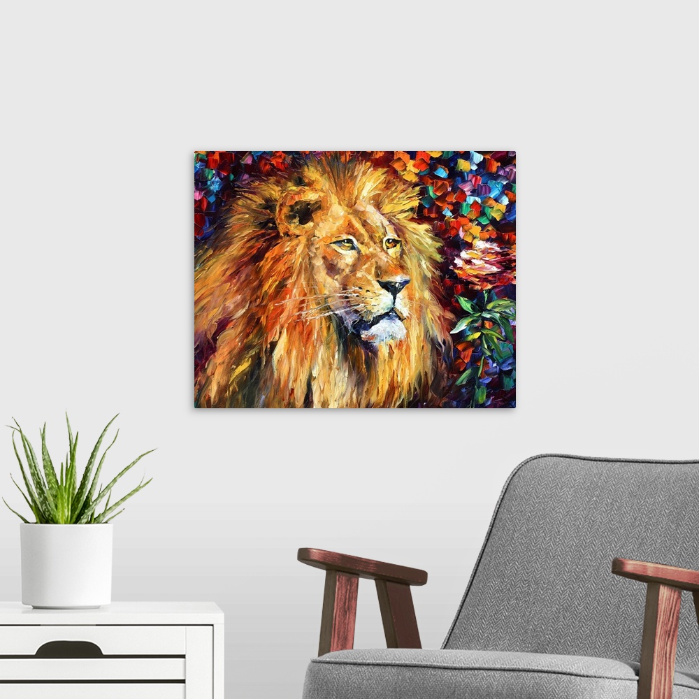 A modern room featuring Contemporary painting of wildcat's face, head and mane with a multicolored background made from p...
