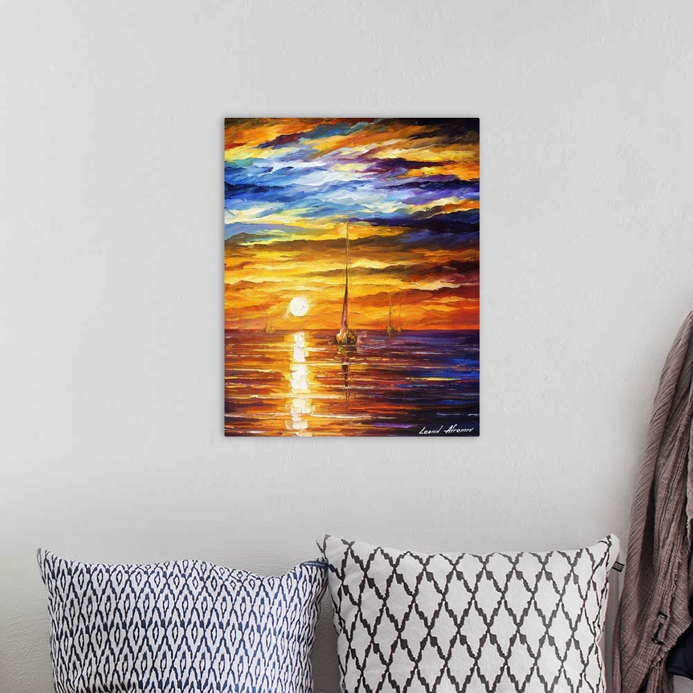 A bohemian room featuring Contemporary colorful painting of the sun setting over a calm seascape.
