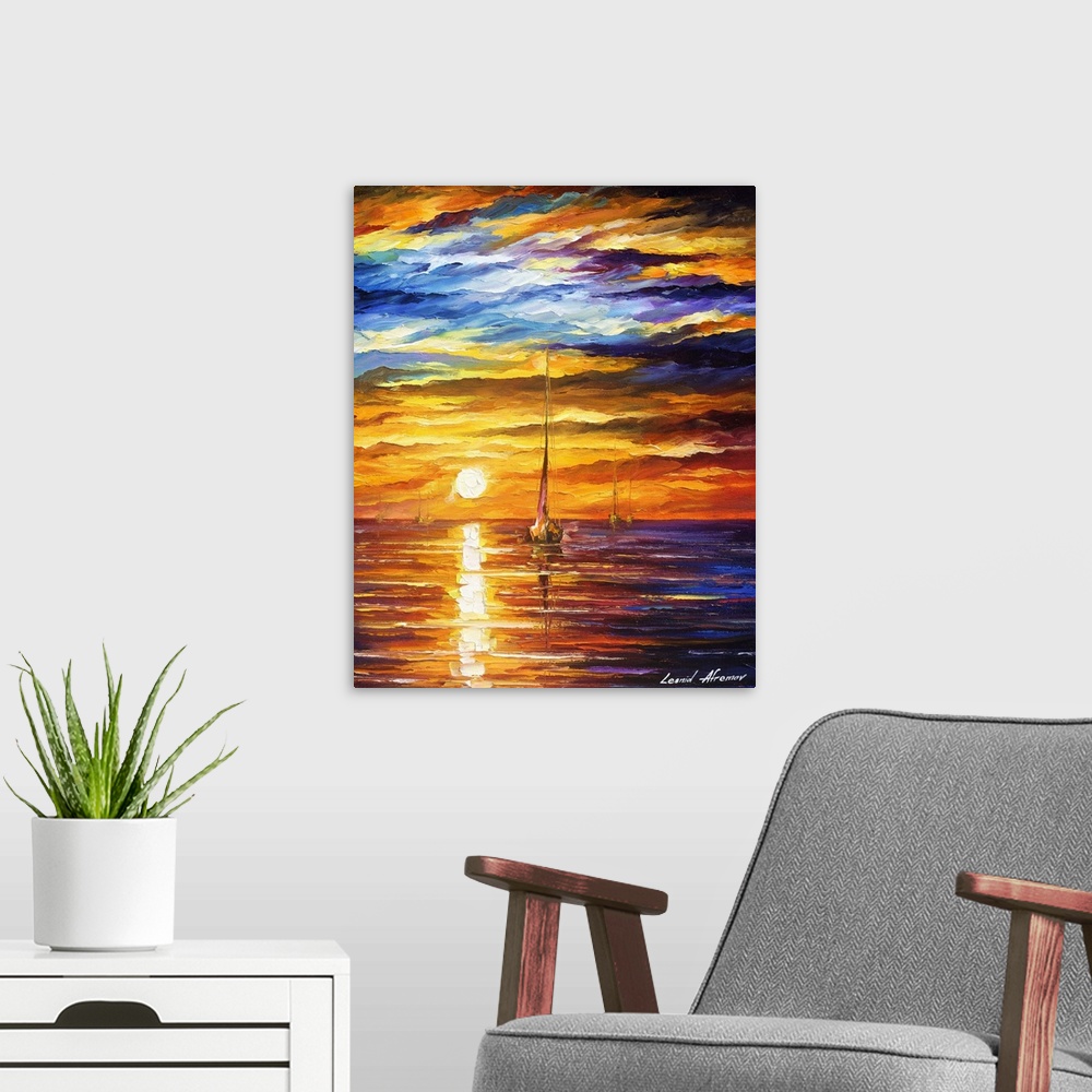 A modern room featuring Contemporary colorful painting of the sun setting over a calm seascape.