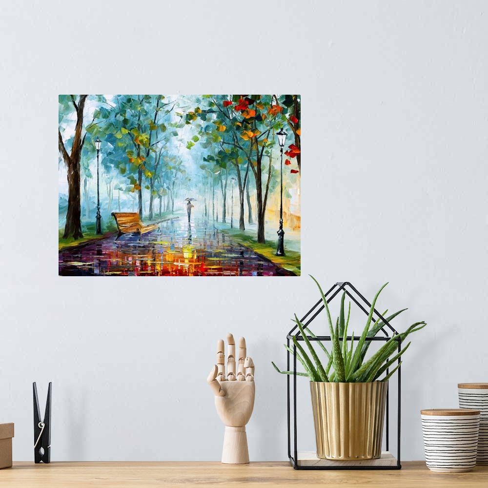 A bohemian room featuring Contemporary  painting of person with umbrella walking in the rain into the distance on a wet pat...