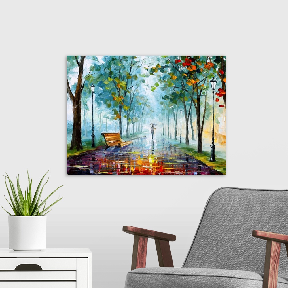 A modern room featuring Contemporary  painting of person with umbrella walking in the rain into the distance on a wet pat...