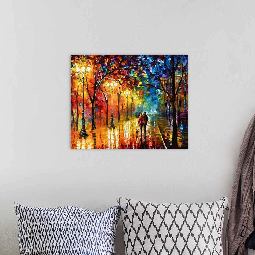 A bohemian room featuring Contemporary landscape art work of a couple strolling down a city street at night with street lig...