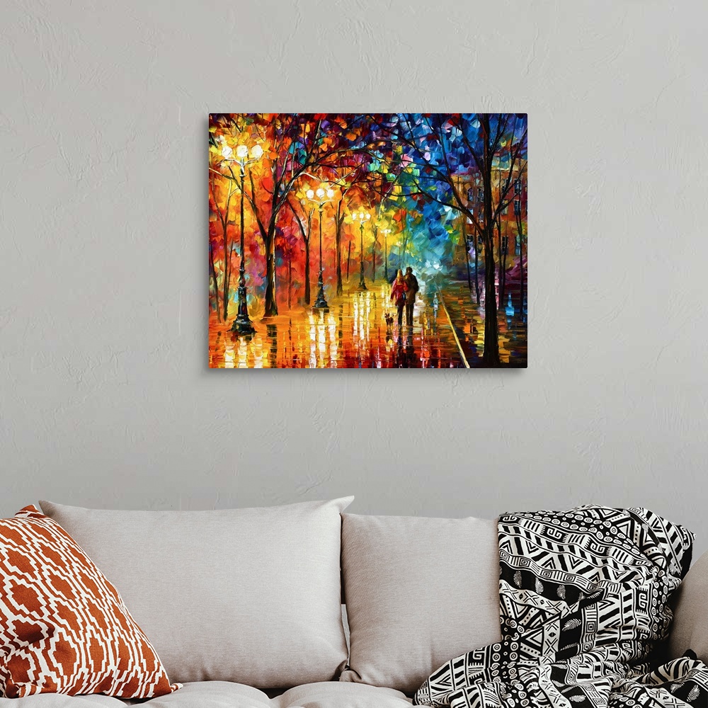 A bohemian room featuring Contemporary landscape art work of a couple strolling down a city street at night with street lig...