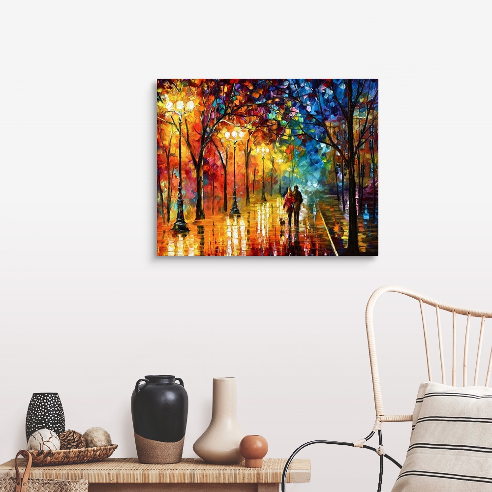 A farmhouse room featuring Contemporary landscape art work of a couple strolling down a city street at night with street lig...