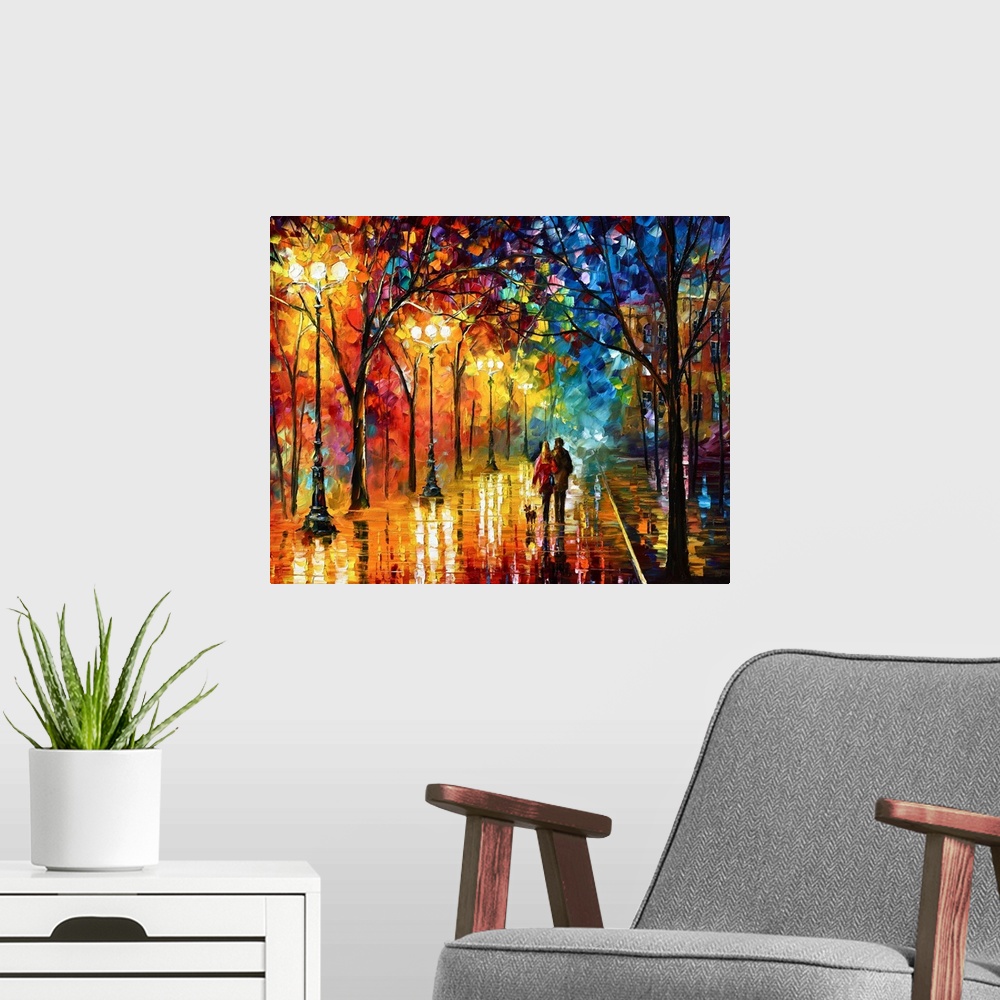A modern room featuring Contemporary landscape art work of a couple strolling down a city street at night with street lig...