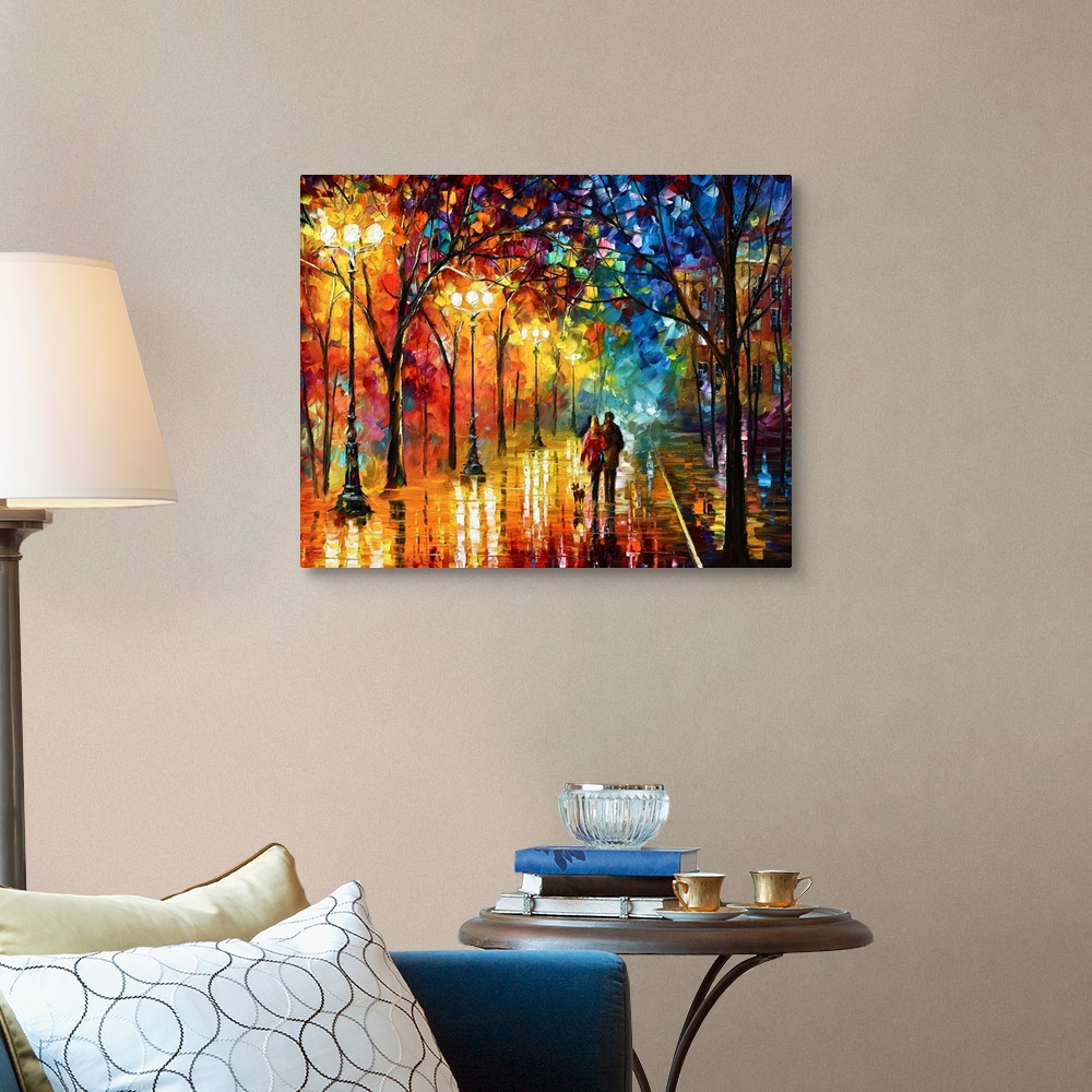A traditional room featuring Contemporary landscape art work of a couple strolling down a city street at night with street lig...
