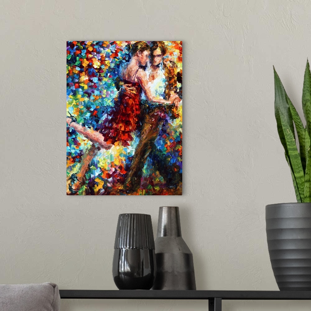 A modern room featuring Contemporary painting of a couple dancing.  The image consists of small color daubs of paint.