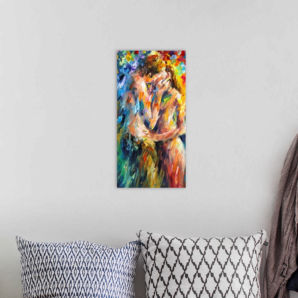 A bohemian room featuring A contemporary vertical painting of two nude figures embracing; this painting has been created wi...
