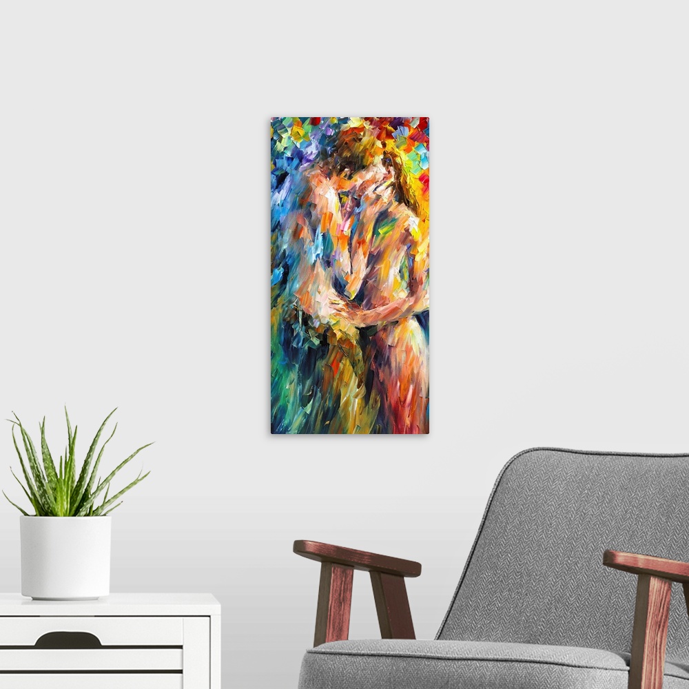 A modern room featuring A contemporary vertical painting of two nude figures embracing; this painting has been created wi...