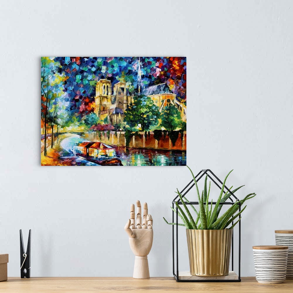 A bohemian room featuring Large abstract painting of a boat cruising down a canal with buildings surrounding it made up of ...