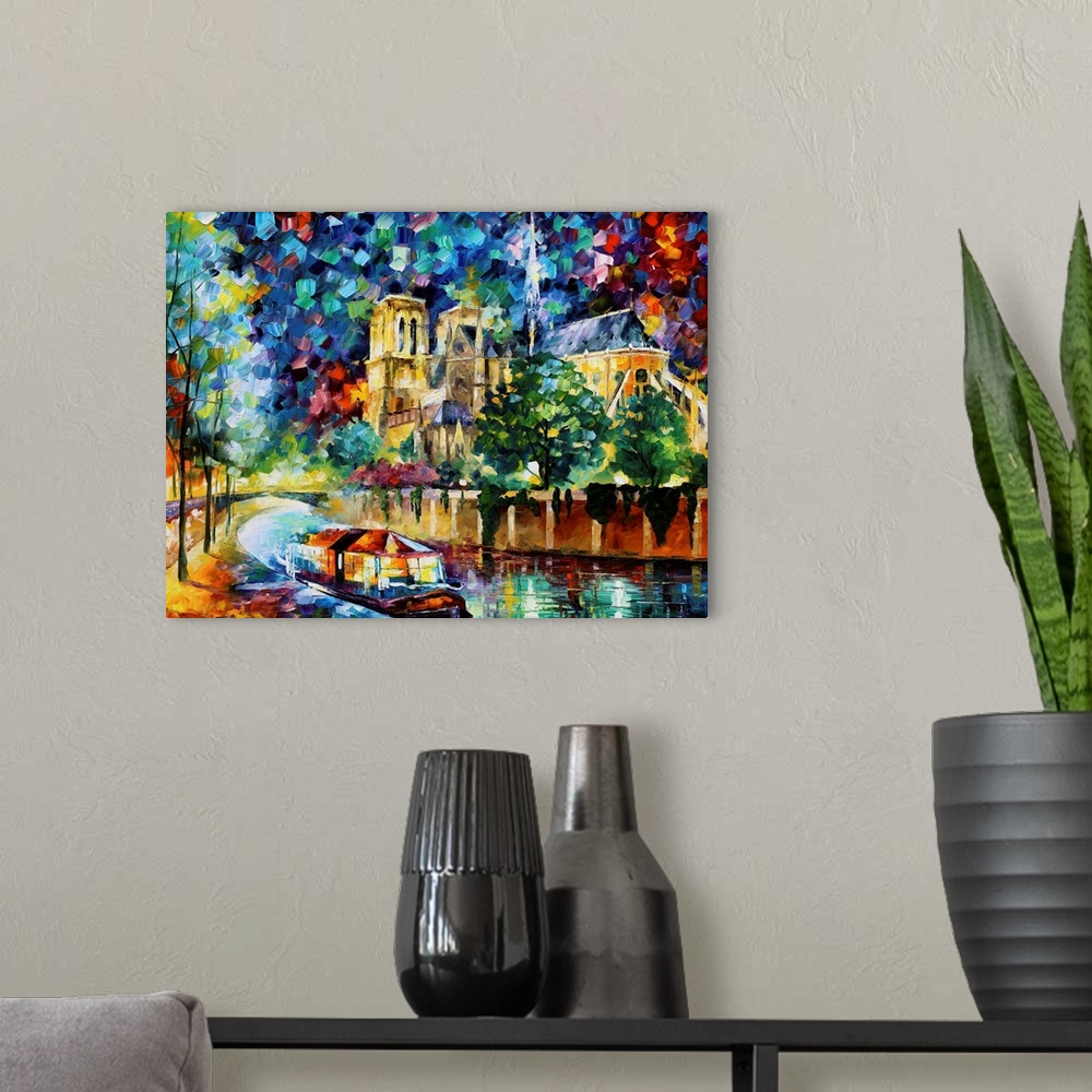 A modern room featuring Large abstract painting of a boat cruising down a canal with buildings surrounding it made up of ...