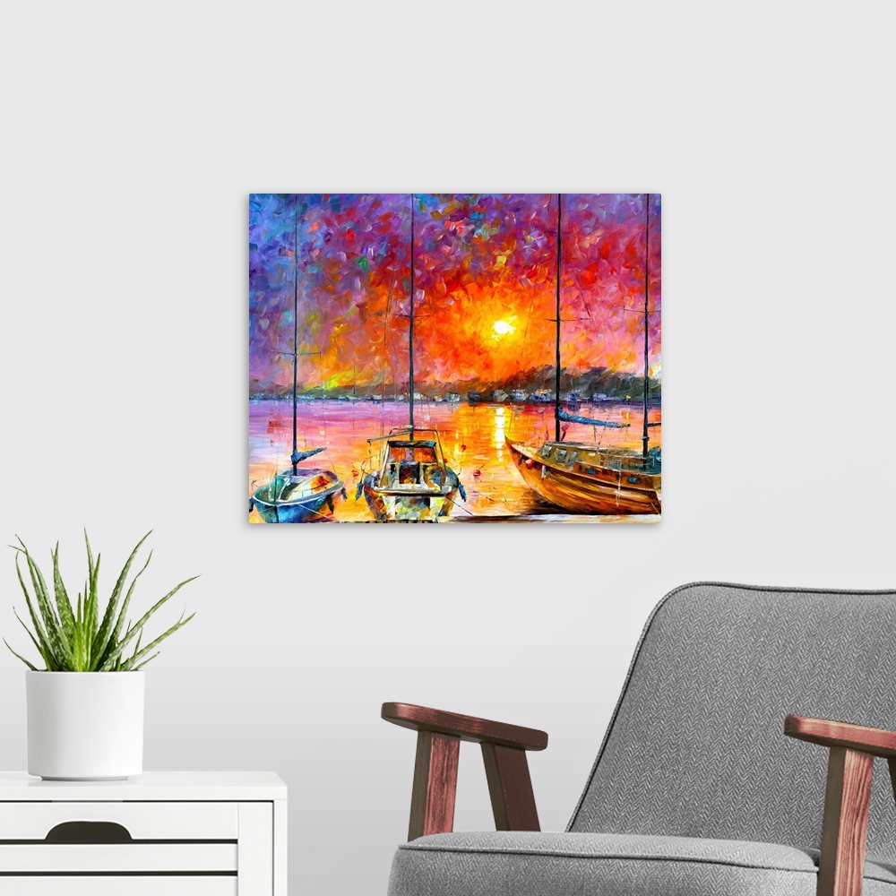 A modern room featuring Warm and bold colored painting of sailboats docked in front of a sunset.