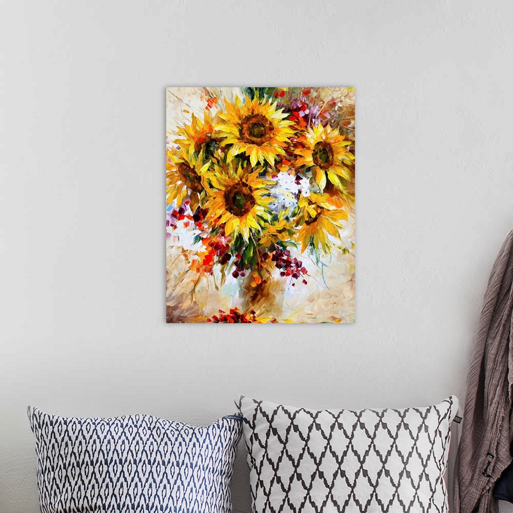 A bohemian room featuring Boldly colored contemporary painting of a bouquet of sunflowers and other florals in a vase.