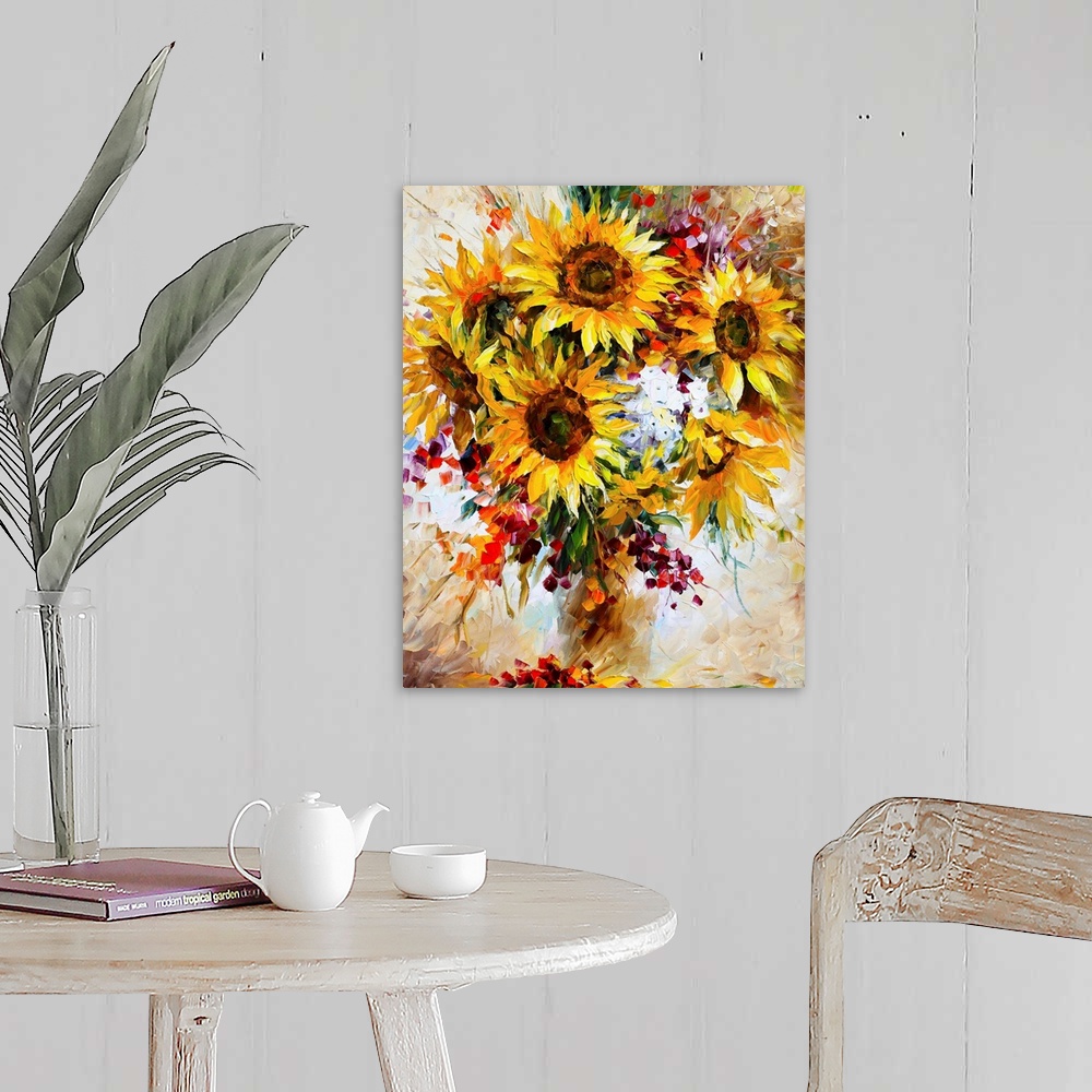 A farmhouse room featuring Boldly colored contemporary painting of a bouquet of sunflowers and other florals in a vase.