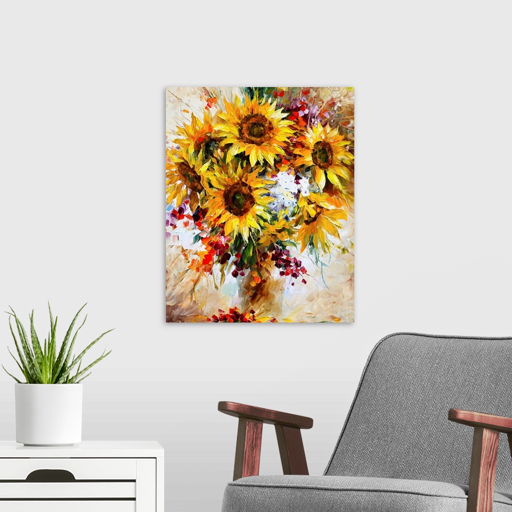 A modern room featuring Boldly colored contemporary painting of a bouquet of sunflowers and other florals in a vase.