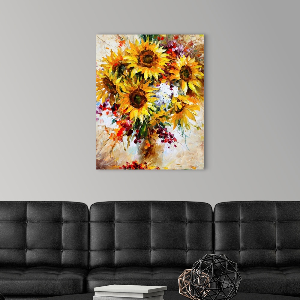 A modern room featuring Boldly colored contemporary painting of a bouquet of sunflowers and other florals in a vase.