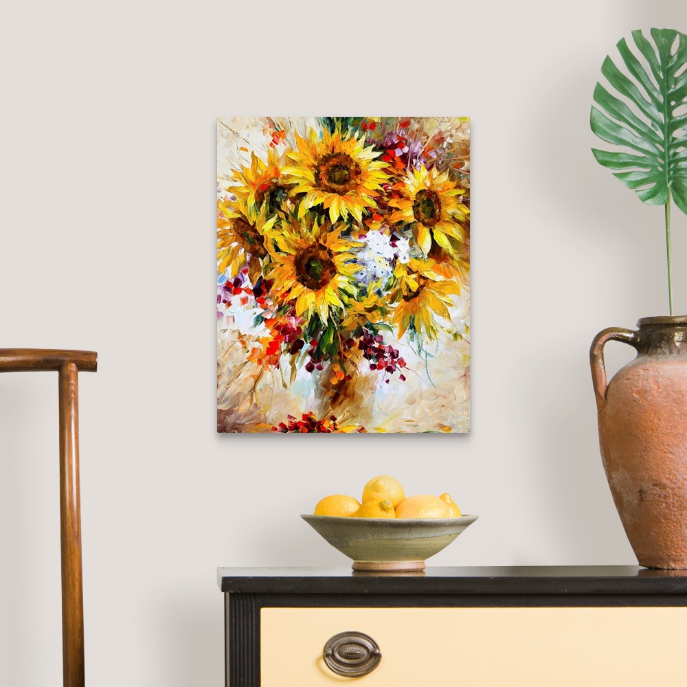 A traditional room featuring Boldly colored contemporary painting of a bouquet of sunflowers and other florals in a vase.
