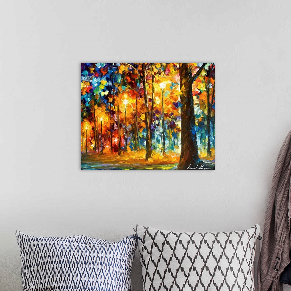 A bohemian room featuring Contemporary colorful painting of a line of trees and light posts illuminated in the evening.