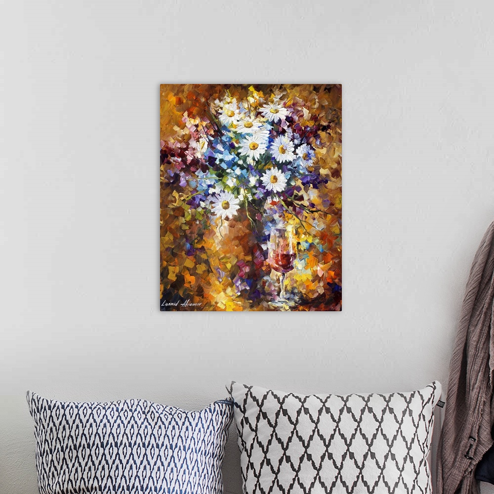 A bohemian room featuring Contemporary painting of a bouquet of beautiful garden flowers in a vase.