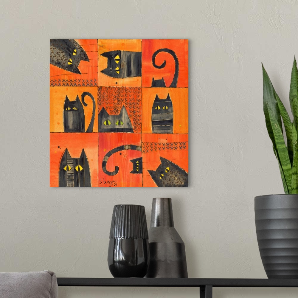 A modern room featuring Black cats on orange
