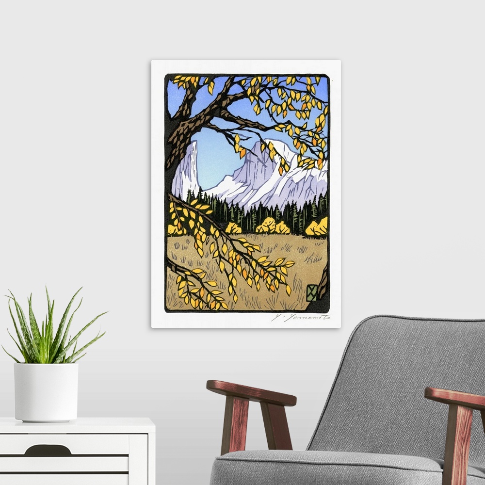 A modern room featuring Japanese Blockprinting of oak tree with forest and mountain in background