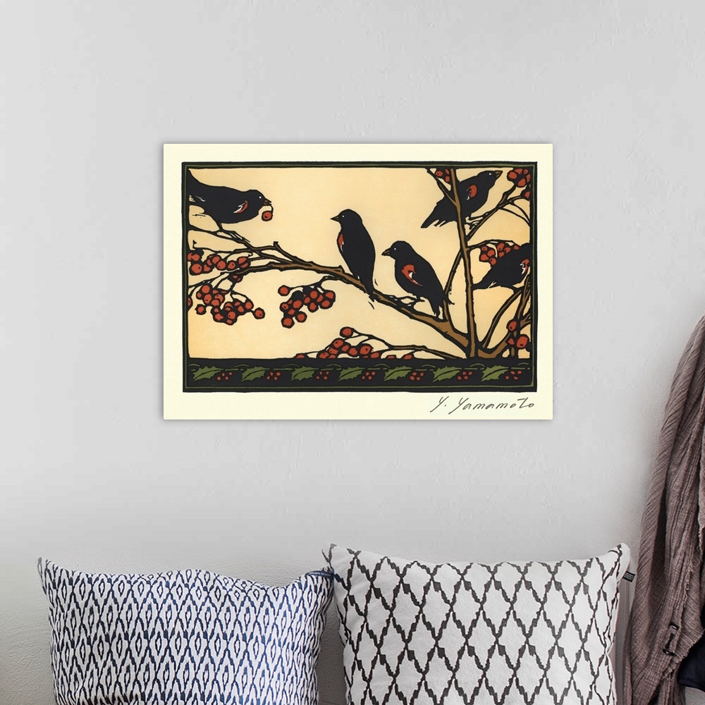 A bohemian room featuring Japanese Blockprinting of red-winged black birds with berries