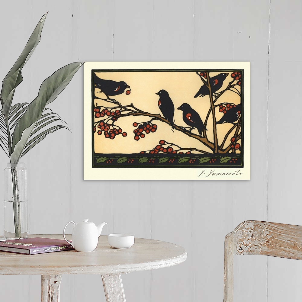 A farmhouse room featuring Japanese Blockprinting of red-winged black birds with berries