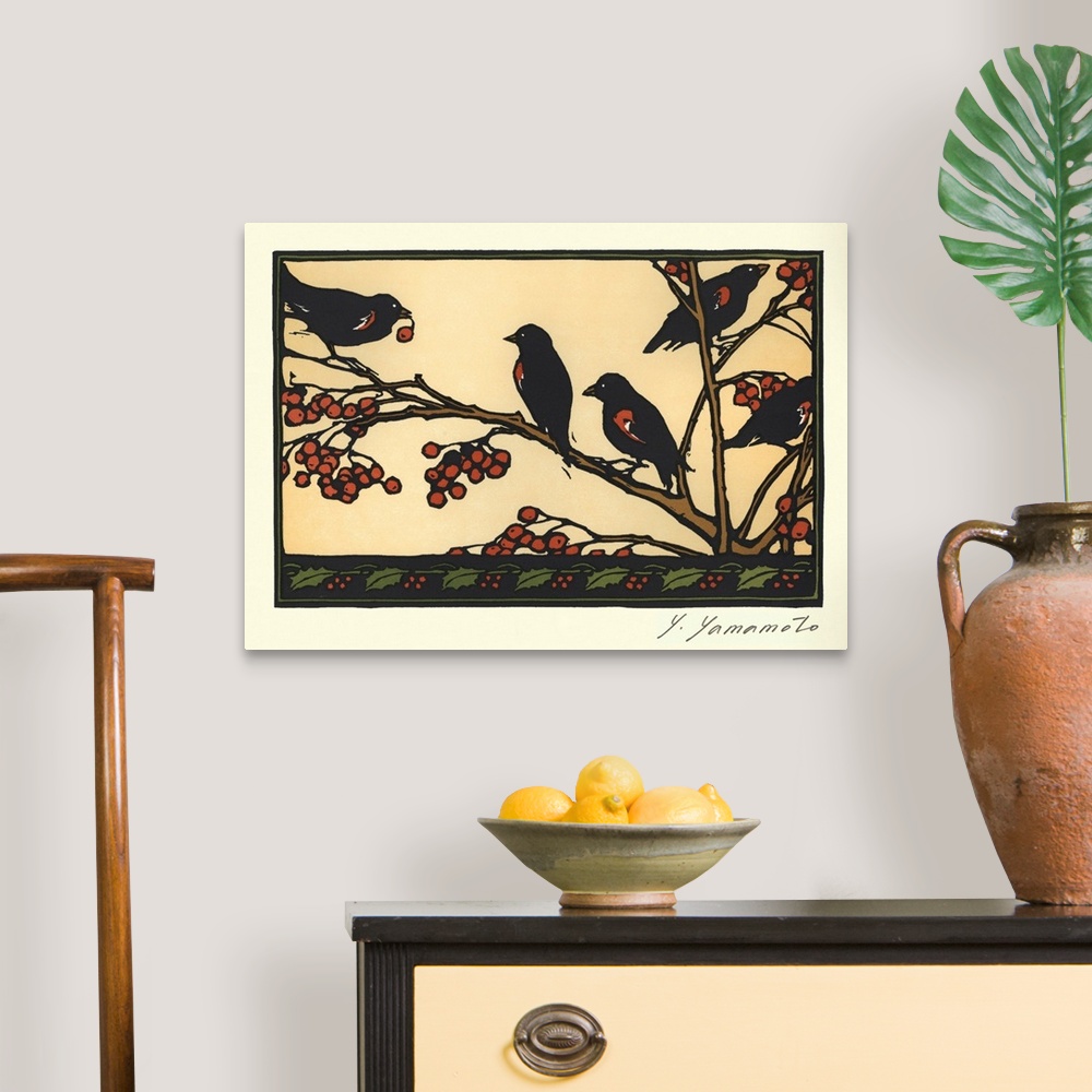 A traditional room featuring Japanese Blockprinting of red-winged black birds with berries