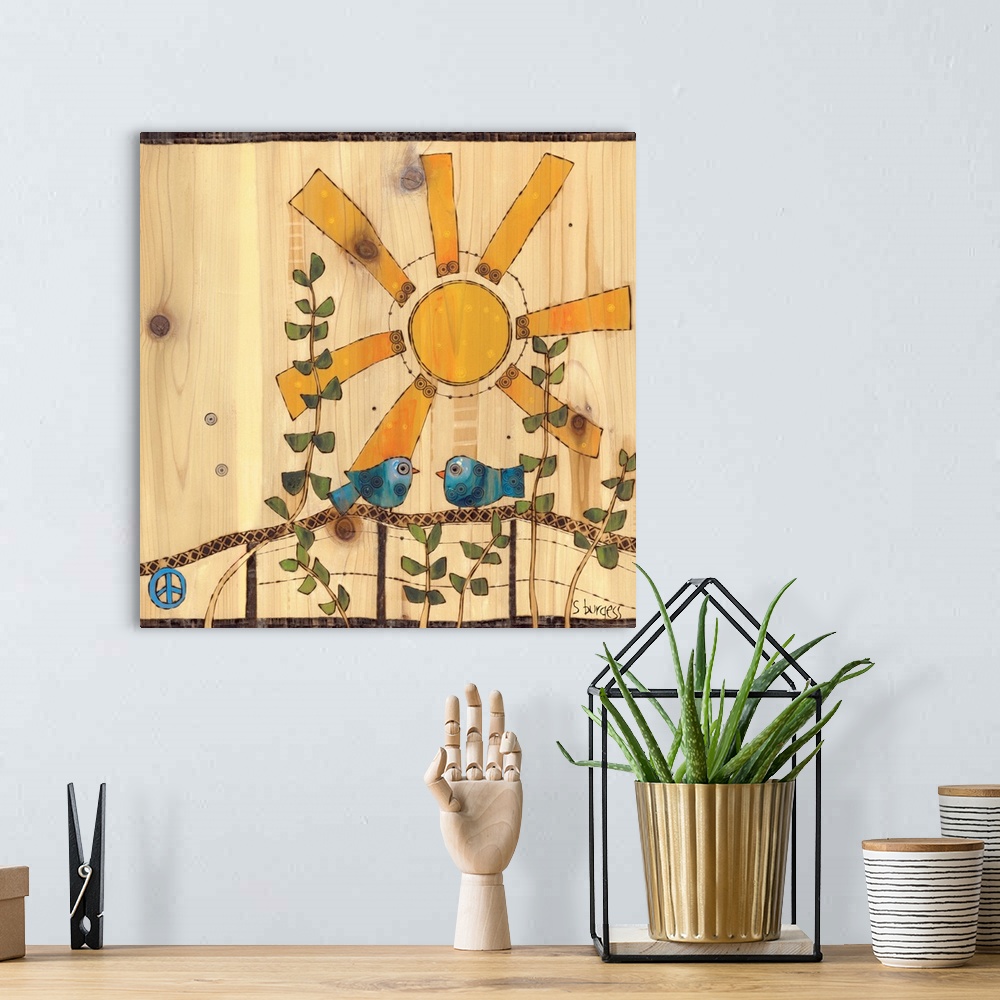 A bohemian room featuring Two bluebirds with a sun on cream background.