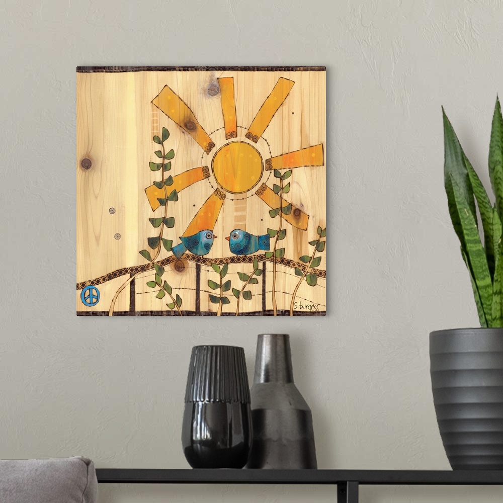 A modern room featuring Two bluebirds with a sun on cream background.