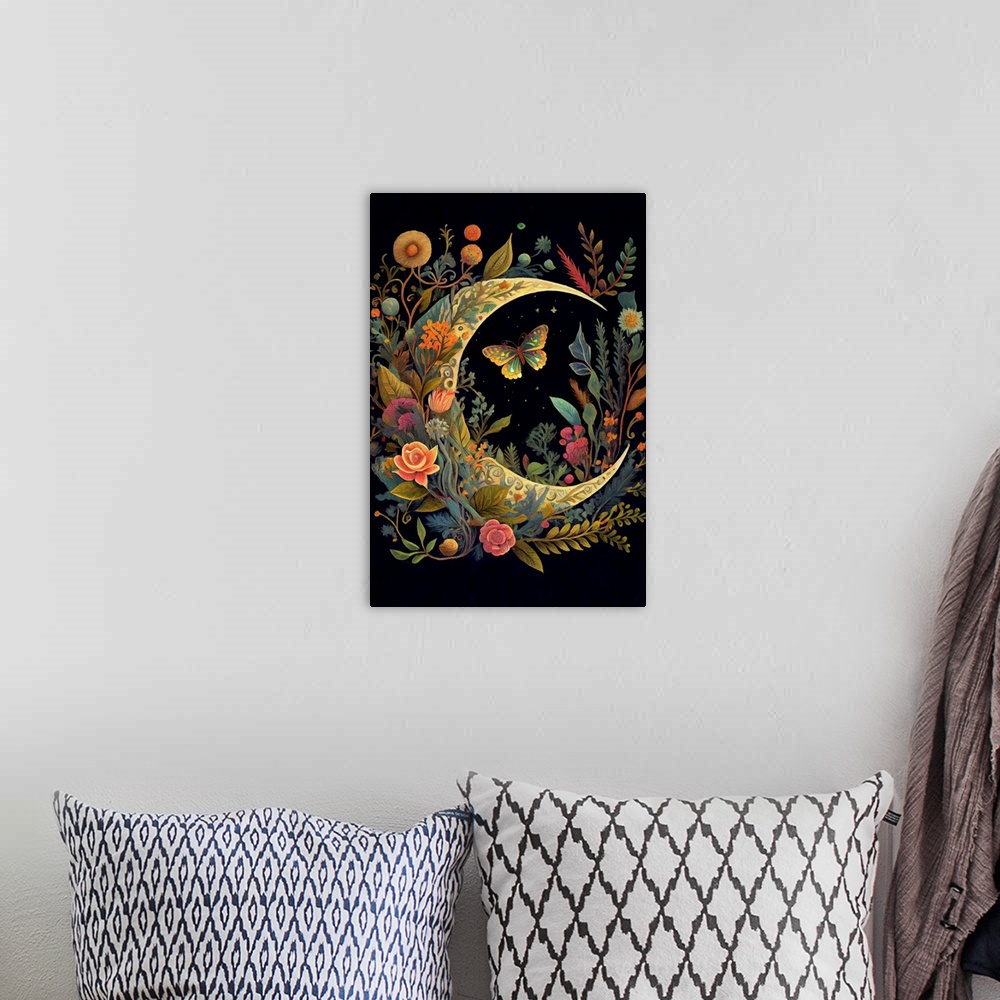 A bohemian room featuring This image by JK Stewart for Duirwaigh Studios of a botanical moon with a butterfly.