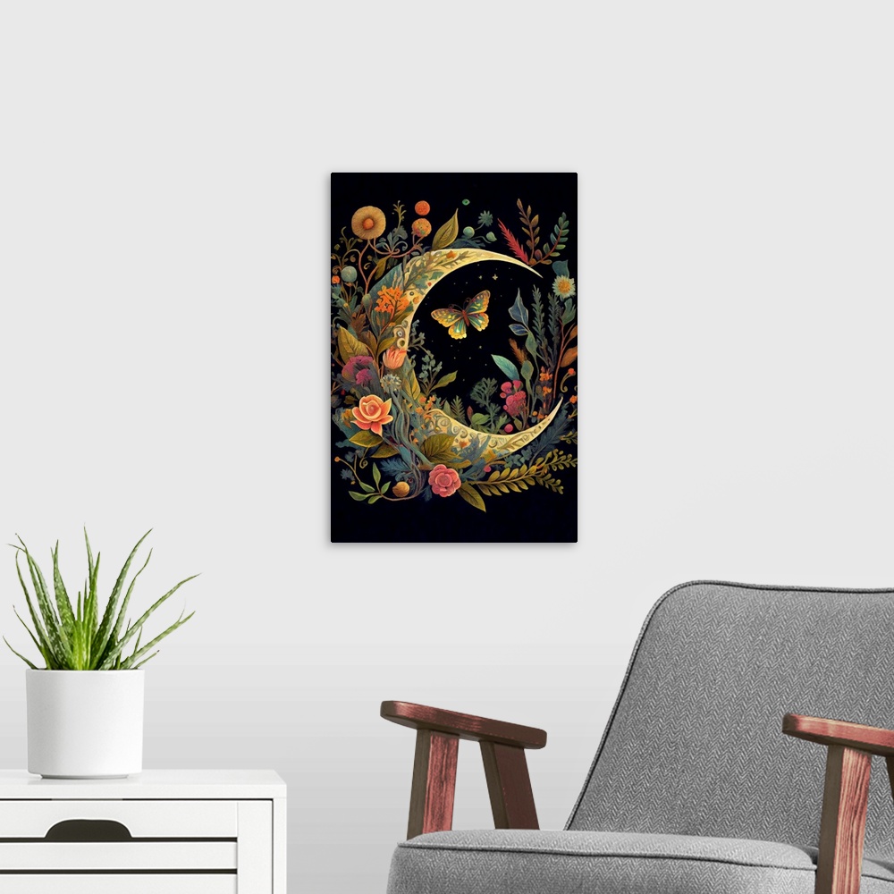 A modern room featuring This image by JK Stewart for Duirwaigh Studios of a botanical moon with a butterfly.