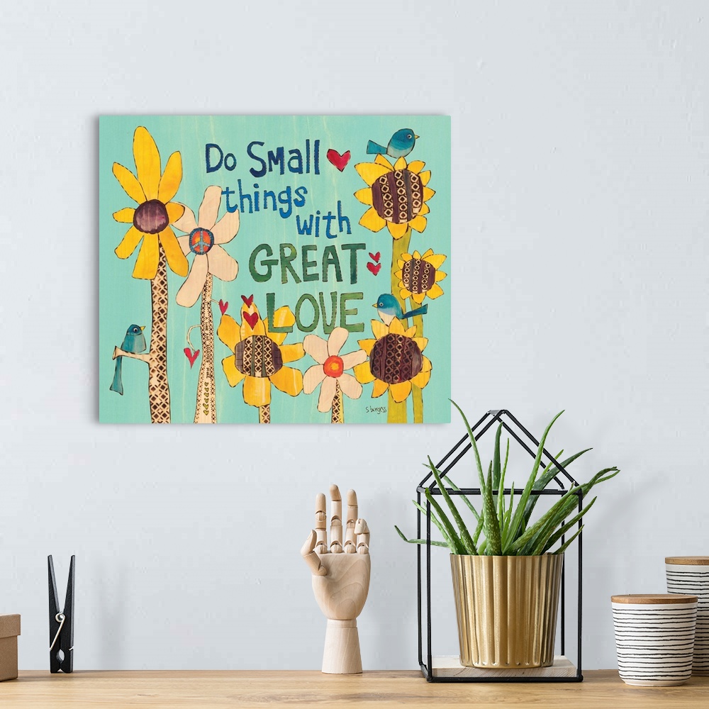 A bohemian room featuring Sunflowers and bluebirds with saying