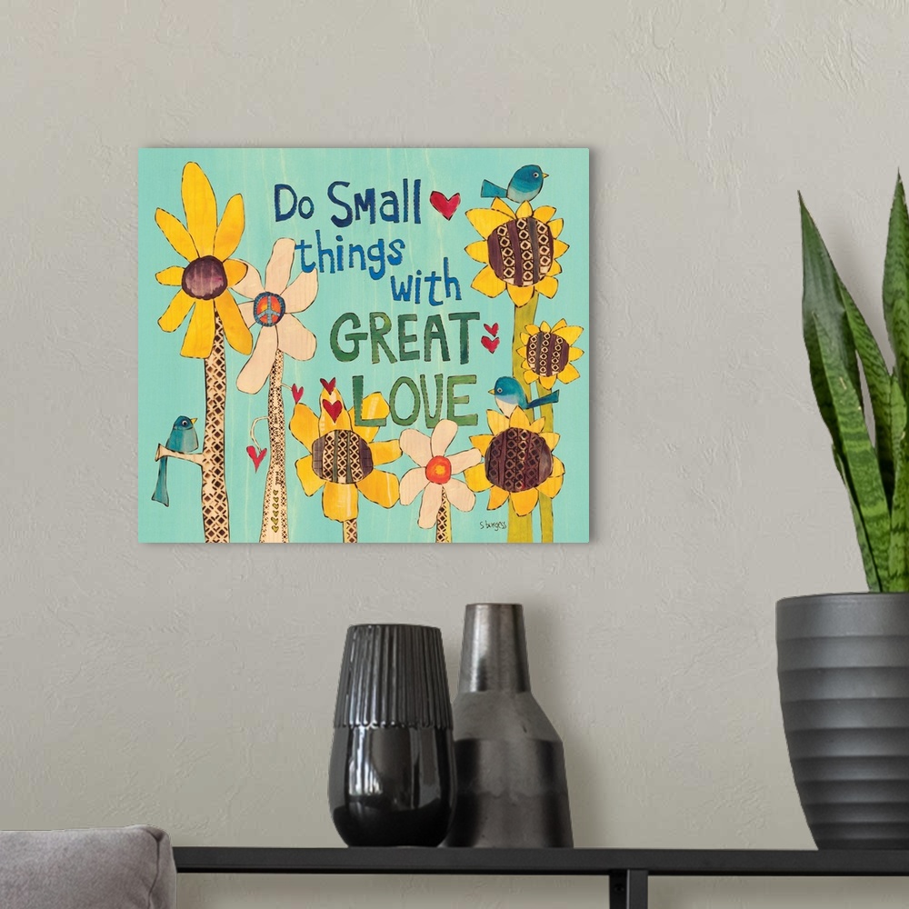 A modern room featuring Sunflowers and bluebirds with saying