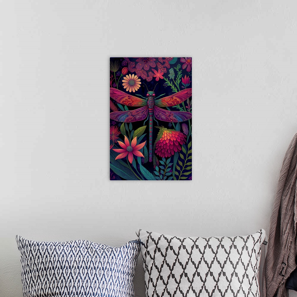 A bohemian room featuring This image by JK Stewart for Duirwaigh Studios is of a pink dragonfly surrounded by florals.