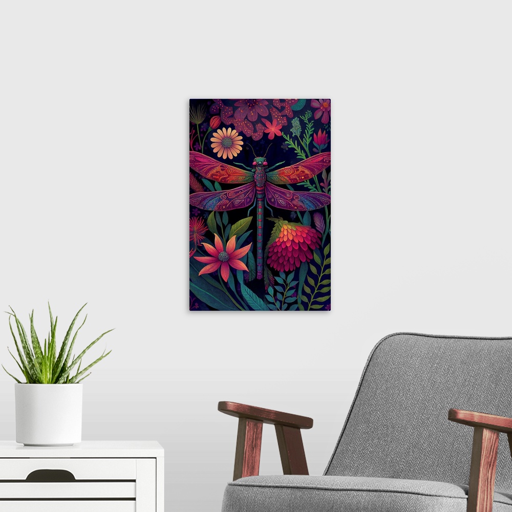 A modern room featuring This image by JK Stewart for Duirwaigh Studios is of a pink dragonfly surrounded by florals.