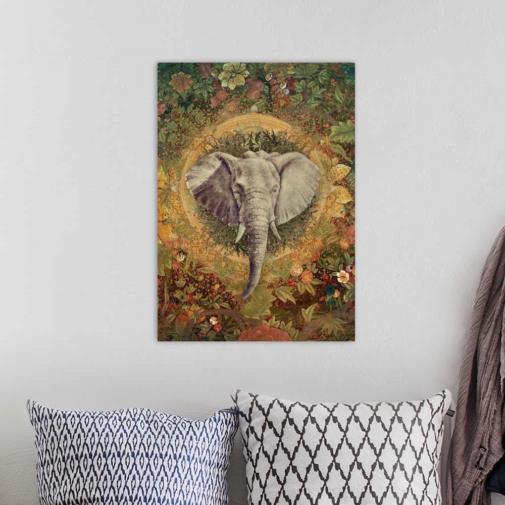 A bohemian room featuring Elephant head with flowered and ornate background