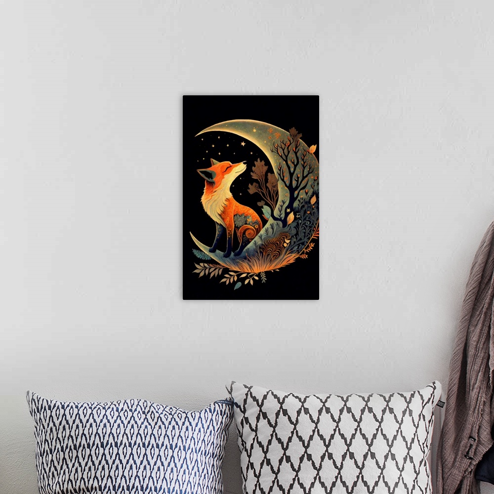 A bohemian room featuring This image by JK Stewart for Duirwaigh Studios is of a fox on a crescent moon.