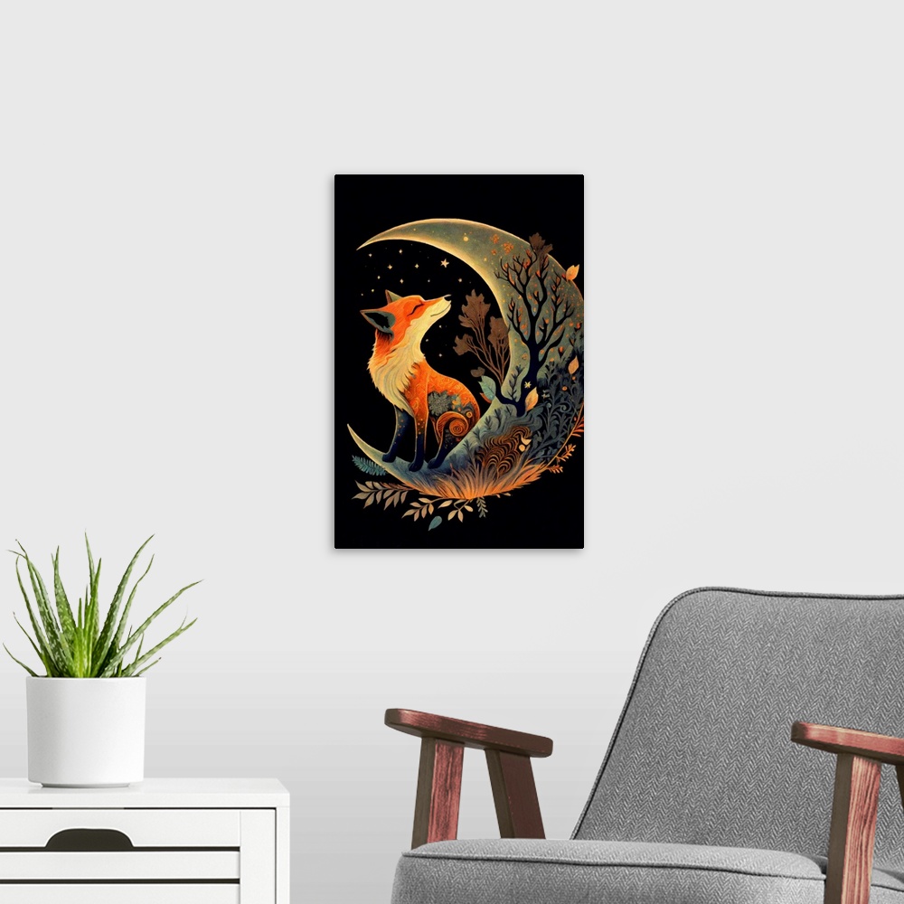 A modern room featuring This image by JK Stewart for Duirwaigh Studios is of a fox on a crescent moon.