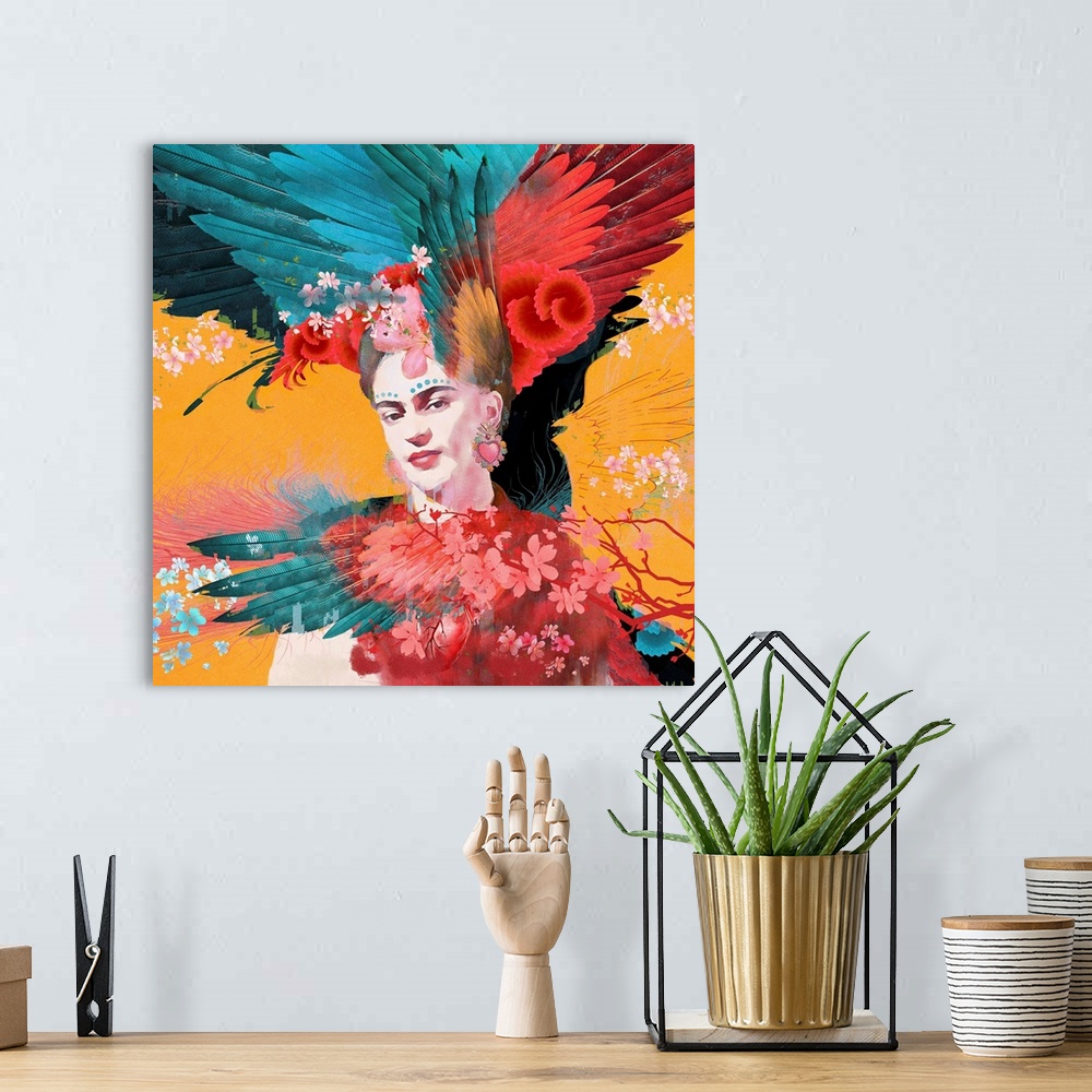 A bohemian room featuring Frida with feathers and flowers
