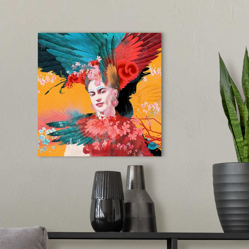 A modern room featuring Frida with feathers and flowers