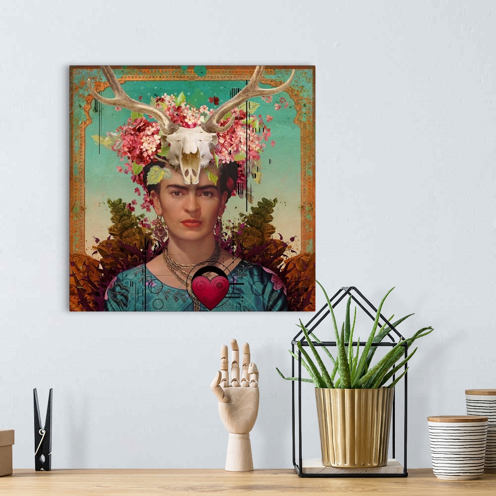 A bohemian room featuring Frida with a skull and flower head piece with ornate border and background