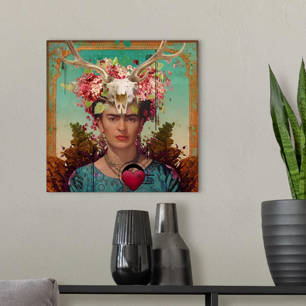 A modern room featuring Frida with a skull and flower head piece with ornate border and background