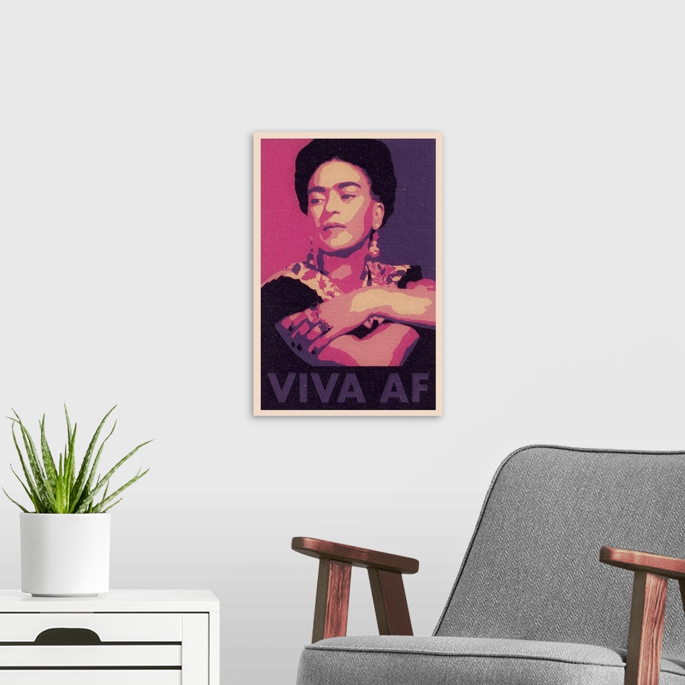 A modern room featuring Frida in purples and pinks