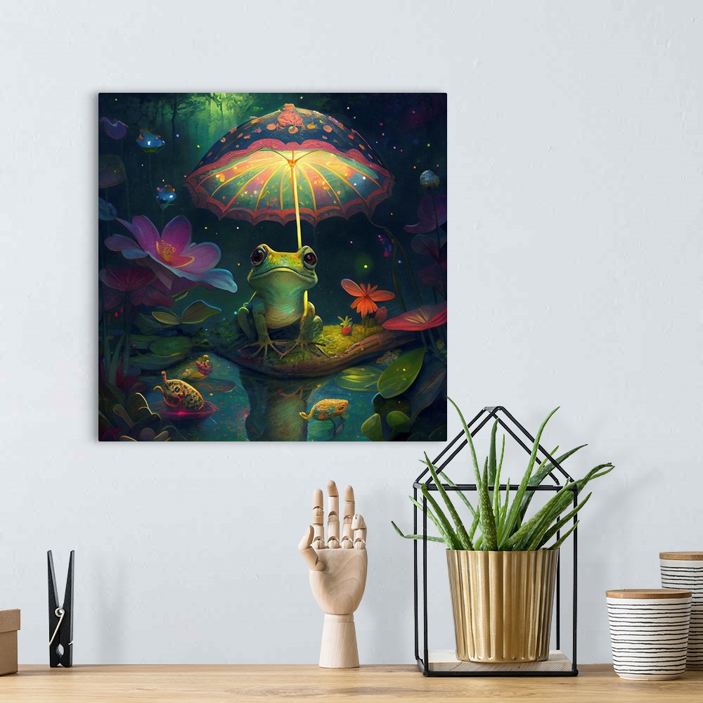 A bohemian room featuring This image by JK Stewart for Duirwaigh Studios is of a frog with an umbrella.