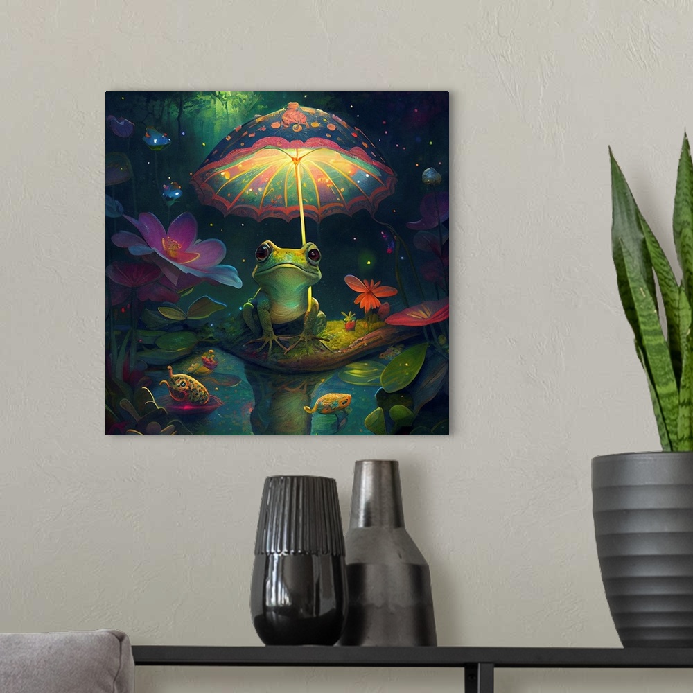 A modern room featuring This image by JK Stewart for Duirwaigh Studios is of a frog with an umbrella.