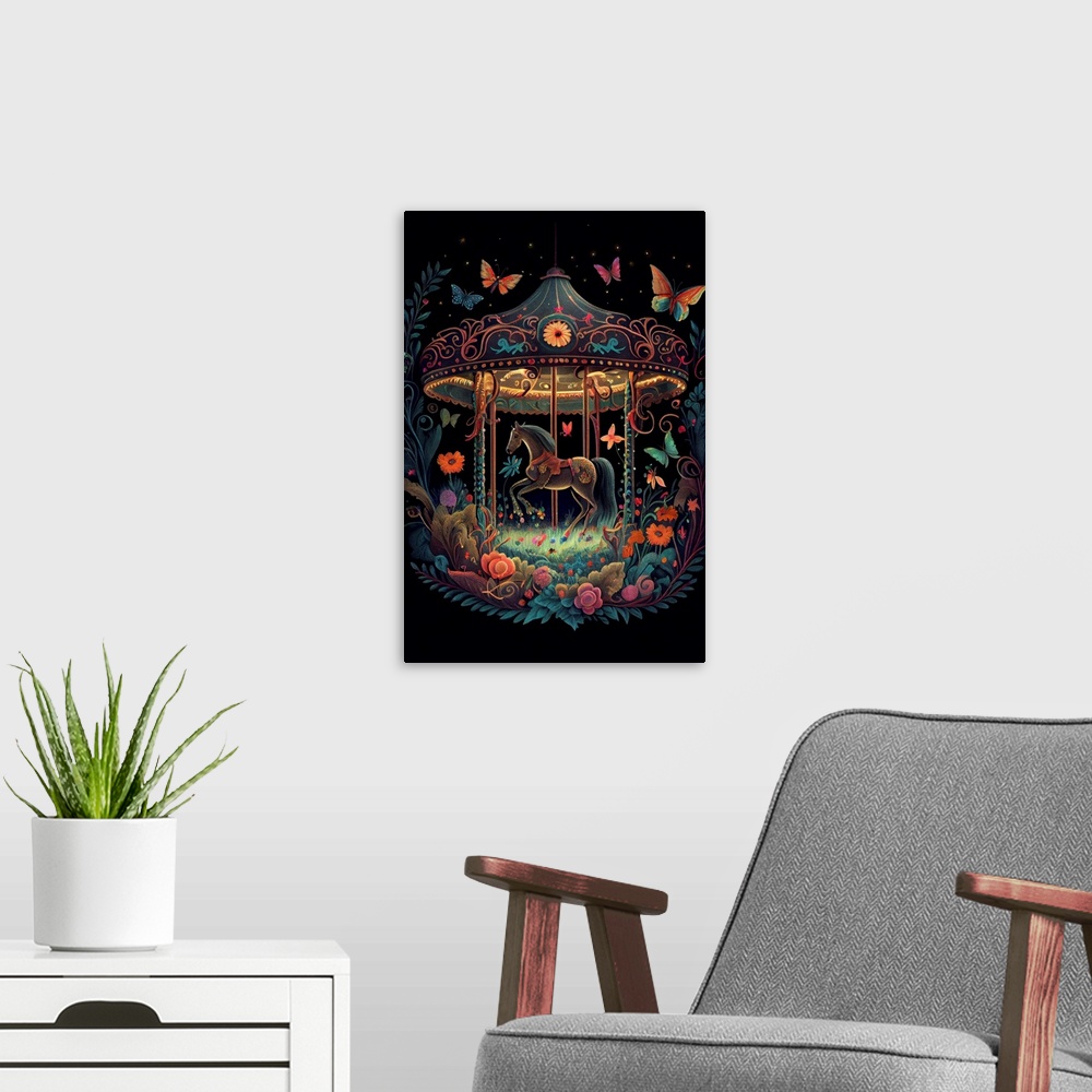 A modern room featuring This image by JK Stewart for Duirwaigh Studios is of a glowing carousel with a horse and butterfl...