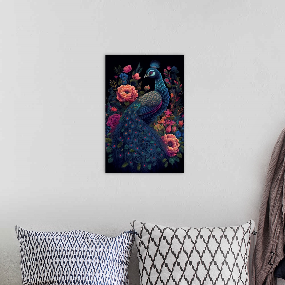 A bohemian room featuring This image by JK Stewart for Duirwaigh Studios is of a peacock surrounded by florals.