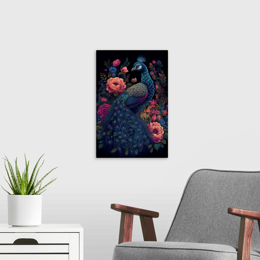 A modern room featuring This image by JK Stewart for Duirwaigh Studios is of a peacock surrounded by florals.
