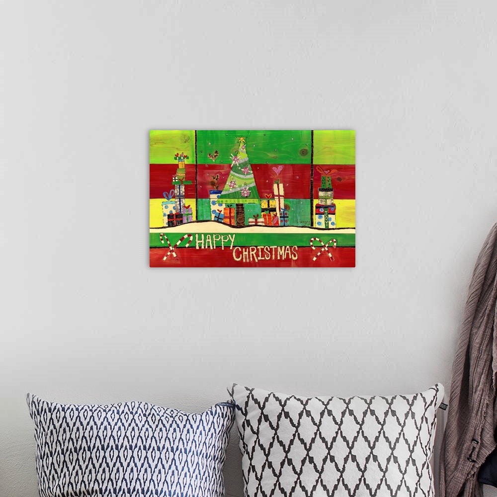 A bohemian room featuring Christmas tree and presents with candy canes and happy Christmas